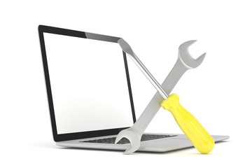 3D Illustration Wrench and screwdriver on laptop, service concept