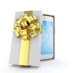 Smartphone in gift box. Isolated on white background. 3d rendering.