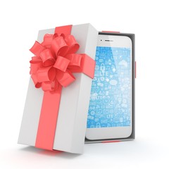 Smartphone in gift box. Isolated on white background. 3d rendering.