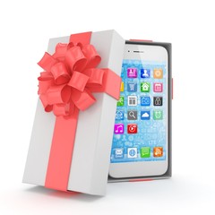 Smartphone in gift box. Isolated on white background. 3d rendering.