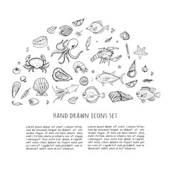 Hand drawn doodle Seafood icons set Vector illustration seafood symbols collection Cartoon fish Crab Seafood platter Lobster Oyster Shrimp Shellfish Shrimp on white background for your menu or design