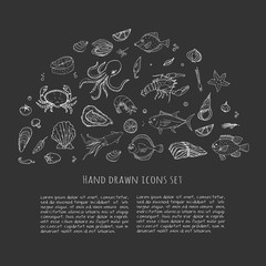 Hand drawn doodle Seafood icons set Vector illustration seafood symbols collection Cartoon fish Crab Seafood platter Lobster Oyster Shrimp Shellfish Shrimp on white background for your menu or design