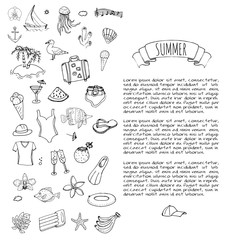 Hand drawn doodle summer set icons Vector illustration Sketchy summer holiday elements collection Isolated vacation objects Cartoon summer beach journey symbols Summertime traveling background