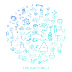 Hand drawn doodle summer set icons Vector illustration Sketchy summer holiday elements collection Isolated vacation objects Cartoon summer beach journey symbols Summertime traveling background