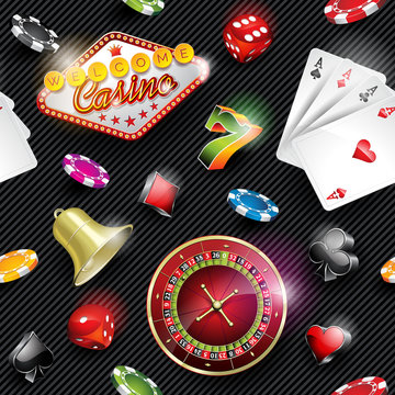 Vector seamless casino pattern illustration with gambling elements on dark striped background.