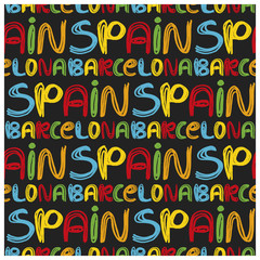 Hand drawn vector seamless pattern with words Barcelona and Spain.
