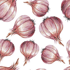 Watercolor hand drawn seamless pattern with garlic. Vector eco food illustration. Natural farm design elements.
