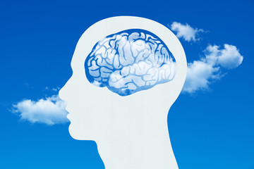 Obraz premium Brain in Human Head / Brain in the Human Head on the Blue Sky with Cloud