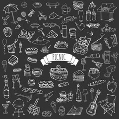 Hand drawn doodle Picnic icons set Vector illustration barbecue sketchy symbols collection Cartoon bbq concept elements Summer picnic Umbrella Guitar Food basket Drinks Wine Sandwich Sport activities