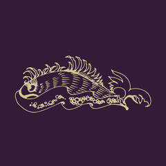 Graphic drawing of fantasy whale among waves. Vector Illustration