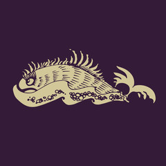 Graphic drawing of fantasy whale among waves. Vector Illustration