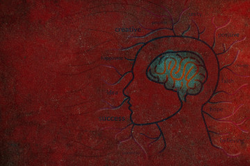 Human Brain and Positive Thinking on Red Grunge Background / Human Brain with Positive Thinking Text on the Red Grunge Floor Background