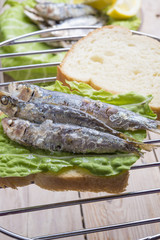 Sandwich Kamut, tapas with sardines, sprats with olives and herb