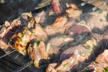 preparing kebab on skewers on the grill