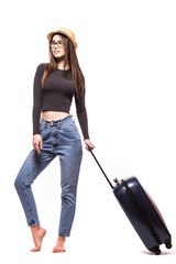 Full length of young female walking with the travel bag  isolated on white background