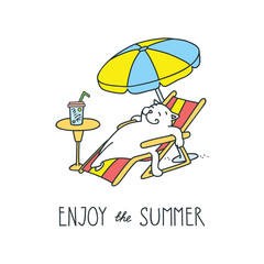 Enjoy the summer! Doodle vector illustration of funny white cat sunbathing on a sun lounger