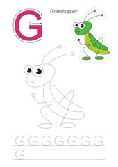Trace game for letter G. Grasshopper.