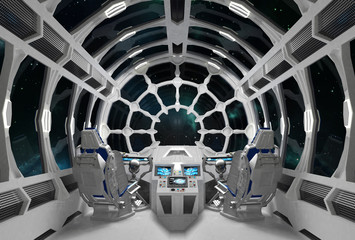 White Orion. Spaceship interior with round glass windows. 