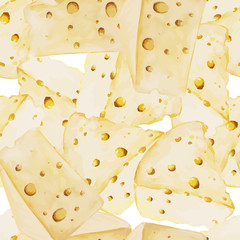 Watercolor cheese seamless pattern. Organic food illustration with cheese pieces. Eco farm food illustration.