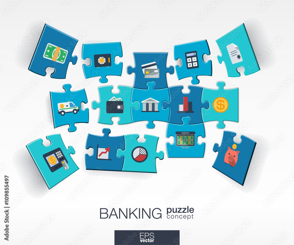 Poster abstract banking background with connected color puzzles, integrated flat icons. 3d infographic conc