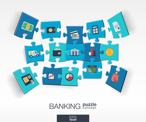 Abstract banking background with connected color puzzles, integrated flat icons. 3d infographic concept with money, card, bank and finance pieces in perspective. Vector interactive illustration.