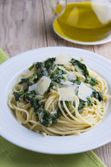 Spaghettis with spinach and Parmesan.