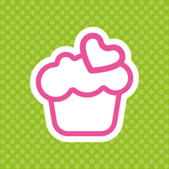 Card with a cream cake with pink heart shape over a green background with dots, in outline style. Digital vector image.