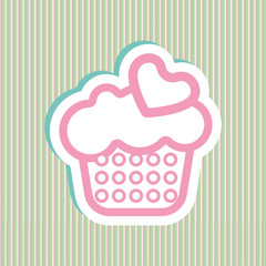 Card with a cream cake with pink and green bubles and heart shapes over a background in lines, in outline style. Digital vector image.