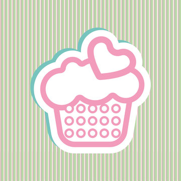 Card with a cream cake with pink and green bubles and heart shapes over a background in lines, in outline style. Digital vector image.