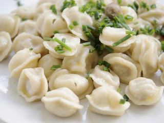 Close up of meat dumplings and chives.