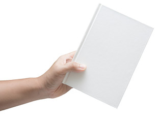 hand holding white blank book isolated on white