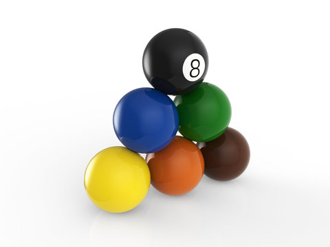 billiard balls pyramid with eight ball on top on white background