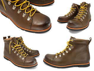 Brown shoes with yellow laces on white
