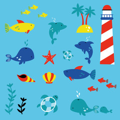 marine life children style illustration set