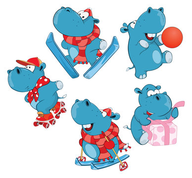 
Set of Cartoon Illustration Cute Hippo for you Design Cartoon Character