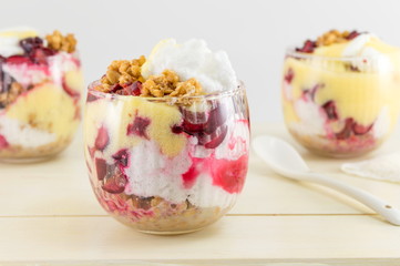 Homemade granola parfait with cherries and cream