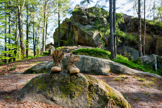 Well-worn hiking boots, unlaced and muddy on the forest floor. Tourism concept.