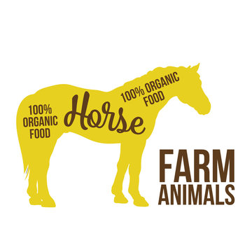 yellow contour horse farm animal with a white lettering  inscription inside, Logo horse vector animal, outline for product, vector illustration contour farming horse with lettering on the mutton meat