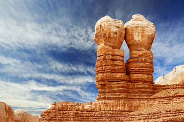 vista of twin rocks in the blue sky of utah