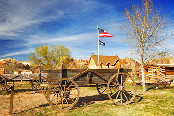 old wooden wagon in a pioneer village