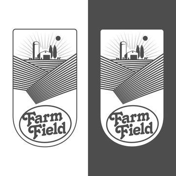 Farm field labels set of vector logos farming, field with a barn, land and trees, badges with fields farm badges isolated on white and black background