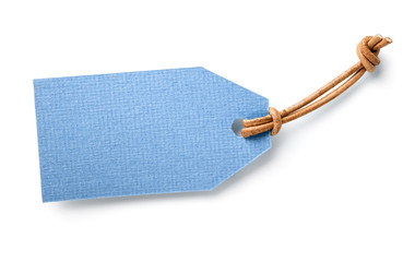 blue cardboard label with cord