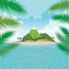 Fototapeta na wymiar Tropical island in ocean with palms. View through palm leaves.