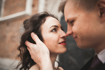Gorgeous wedding couple, bride, groom posing near old gate building