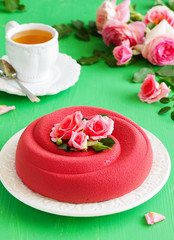 Chocolate Raspberry Cake covered with chocolate velor.