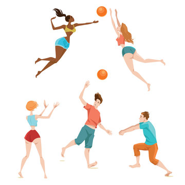 Set of vector illustrations of people playing volleyball, in cartoon style