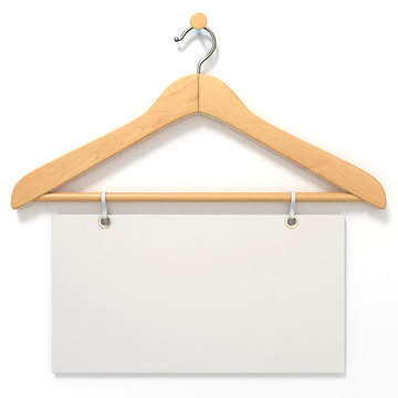 Wooden hanger with blank tag. 3D render illustration isolated on white background