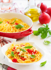 Gluten-free pasta with tomato sauce and cheese.