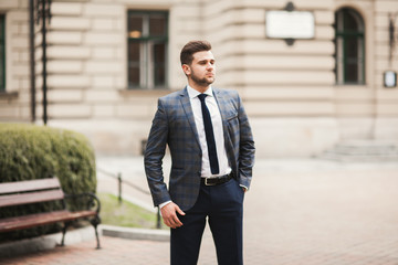 Handsome stylish young businessman posing portrait outdoor