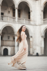 Beautiful girl, model with long hair posing in old castle near columns. Krakow Vavel